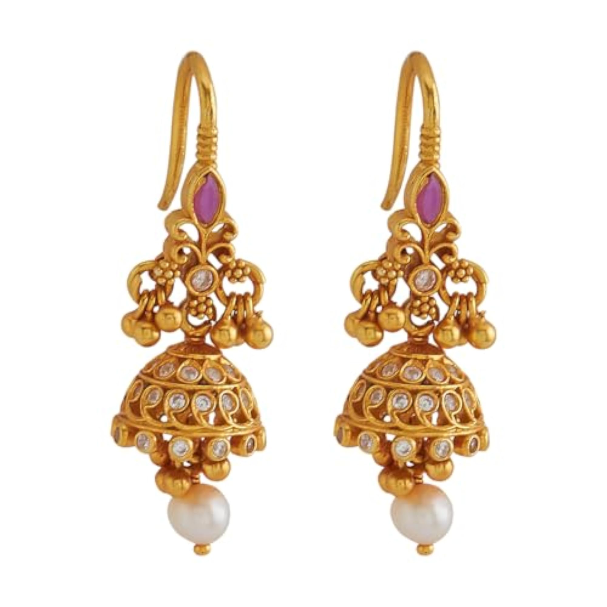Women's Ruby Gold Plated Ethnic Silver Temple Earrings