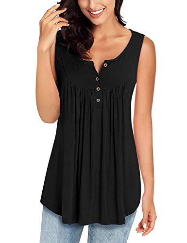 MIROL Womens Summer Sleeveless V Neck Solid Color Casual Swing Shirts Flowy Tank Tops Blouses with Buttons Black