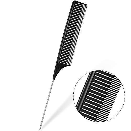 Stainless Steel Rat Tail Comb for Highlighting, Teasing, Parting and Styling - Professional Pintail for Salon and Home Use, Black