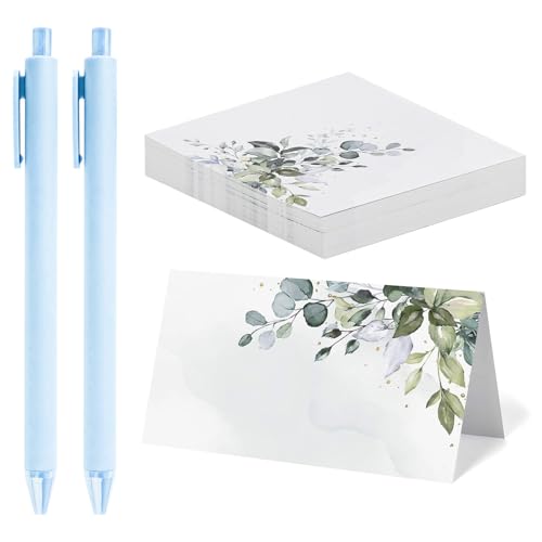 YAANBUNB 50 peças Cartões de casamento para mesa, cartões de nome de mesa de design folhas verdes, cartões de lugar para casamento dobráveis com 2 canetas para casamento/comunhão/batismo
