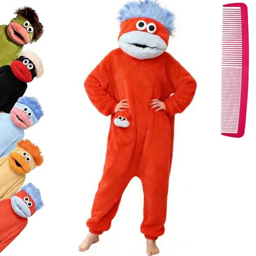 Brrioe Funny Big Mouth Monster Onesie Pajamas with Large Comb Oversized Plush Fleece Hooded One Piece for Sleep & Party (US Alpha Medium Regular Regular Red)