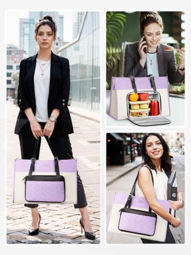 MATEIN Work Tote with Lunch Compartment, PU Leather 15.6 Inch Laptop Lunch Bags, Lightweight Lunch Purse Women with Laptop Compartment for Travel, Picnic, Ladies Gift, Light Purple — view 2