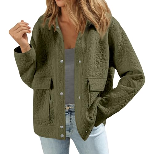 Chaqueta de camisa acolchada para mujer con estampado floral - Chaqueta de entretiempo ligera con botones de presión | Shacket informal para un aspecto estructurado, Style_h03 verde, L