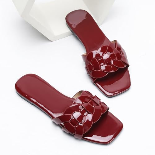 Women's Wine Red Patent Leather Flat Sandals,Summer Square Open Toe Fashion Woven Wide Single Band Dressy Beach Slides3