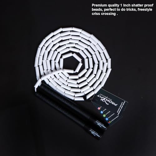 Image of Freestyle Unbreakable Long Handle Soft Shatterproof Beads 1Inch Beaded Jump Rope, Skipping Rope Adult. (10 Ft) (White - Black handle)