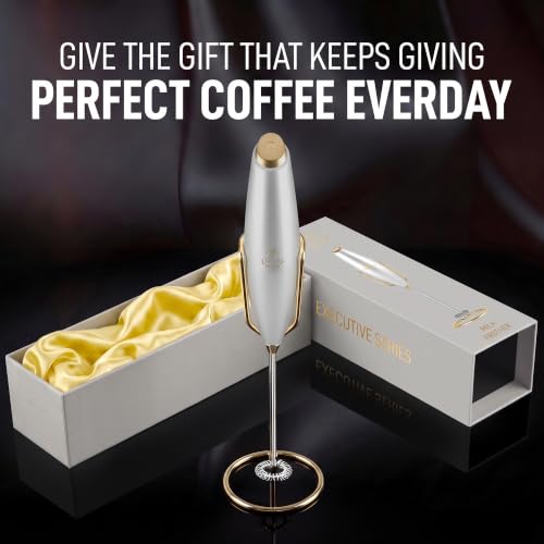 Image of Zulay Kitchen Powerful Milk Frother Wand With Duracell Batteries - Ultra Fast Handheld Drink Mixer - Electric Whisk Foam Maker for Coffee, Lattes, Cappuccino & Matcha - Z1 Motor - Exec Silver Gold