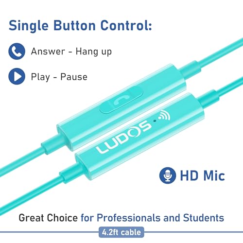 Image of LUDOS FEROX Wired Earbuds in-Ear Headphones, 5 Year Warranty, Earphones with Microphone, Noise Isolation Corded for 3.5mm Jack Ear Buds for iPhone, Samsung, Laptop, Kids, School Students - Turquoise
