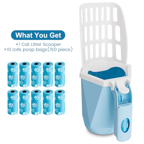 Image of Cat Litter Scooper with Holder Kitty Litter Scoop with Waste Can and 150 Refill Bags, Large Portable Cat Litter Shovel Easy to Clean Suitable for Kittens (Blue)