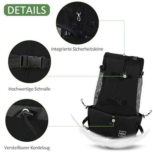 ALLSOPETS Hunderucksack Tragetasche Verstellbar für Kleine Mittelgroße Hunde, Haustier Rucksack zum Spaziergang Wandern Camping Bergsteigen Reisen (Kohlenschwarz, M)