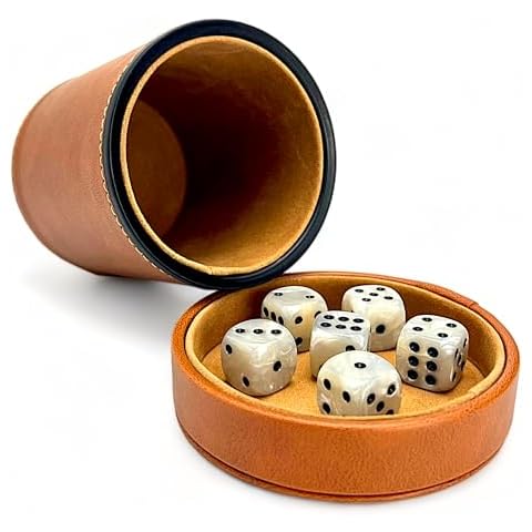 Luck Lab Brown Leather Dice Cup with Lid Including 6 Matching Pearl Dice - Tan Velvet Interior for Quiet Shaking - Use for Liars Dice Farkle Yahtzee Board Games Cover