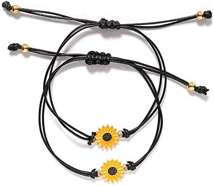 Miniatura 3 de Pulseras de girasol de moda para hombres y mujeres, hechas a mano, trenzadas con cuerda negra, dije de amistad, tarjeta de deseos, surf, joyería de