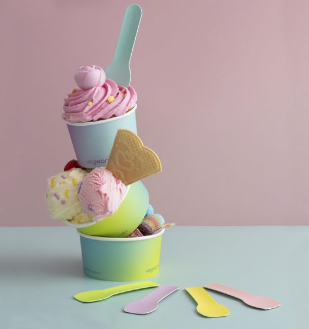 50 Cucharillas de Cartón, 9cm, Colores Variados, Desechable, Compostable, Cartón Rígido, Ideal para Helados, Postres, Picnic, Eventos, Reciclable