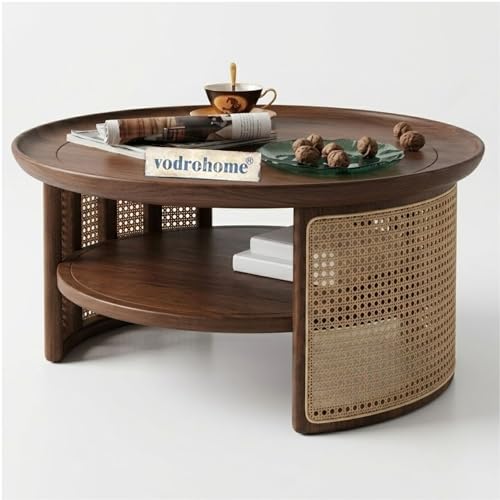 Image of Rattan Coffee Table - Cane Center Table with Shelf for Storage - Bohemian Solid Mango Wood Coffee Table for Office and Living Room C#042 (Walnut Finish)