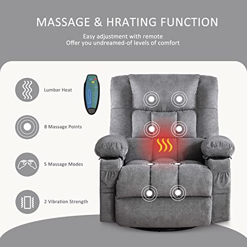 Bosmiller Massage Swivel Rocker Recliner Chair With Vibration And Heat Ergonomic Lounge For Living Room Rocking Function Side Pocket, 2 Cup Holders, Usb Charge Port Grey Oversize #TOP2