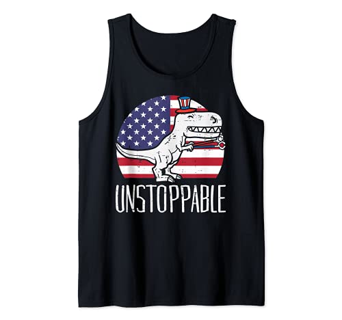 Unstoppable T-Rex Dinosaur USA Flag Fun 4th Of July Boys Men Camiseta sin Mangas