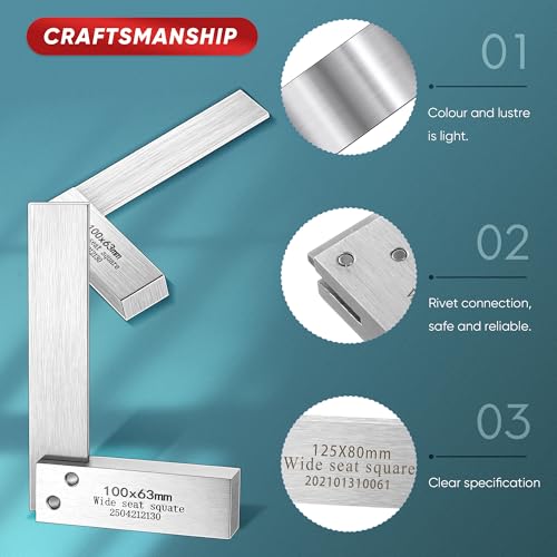 Image of Frienda Machinist Square Set, 2 inch, 3 inch, 4 inch and 5 inch Squares Machinist Engineer Steel Benchmark Measure Tools High Precision 90 Degree Wide Base Tool L-Type Testing Measuring Tool