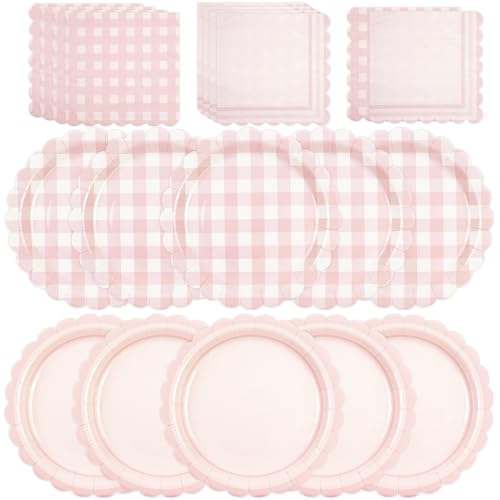 HiEnjoin Lot de 48 assiettes et serviettes en carton vichy rose à bord ondulé - Assiettes jetables en papier avec motif à carreaux - Assiettes décoratives en papier...