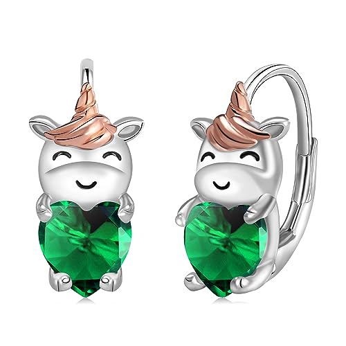 Pendientes de unicornio en plata de ley 925 hipoalergénica con piedra natal