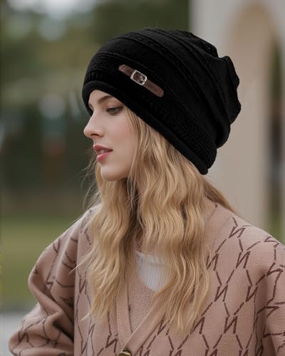 Winter Slouchy Beanie Hat for Women - Warm Knit Cap, Soft Plush-Lined Warm Slouchy Hat for Daily Casual Skiing Cold Weather（Black — view 6