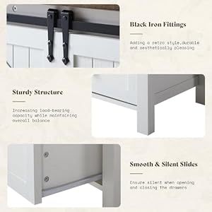 AMERLIFE 47 Farmhouse Dresser with Sliding Barn Doors Chest of 4 Drawers Dresser Storage Organizer for Bedroom Entryway Distressed White
