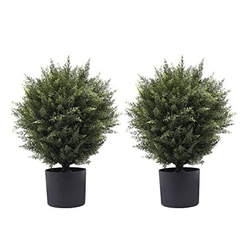 21” Artificial Cedar Outdoor Artificial Shrub Sunlight Resistant Leafy Potted Plant Plant for Indoor Porch of Home and Office Artificial Outdoor Tree 2 Pieces a Set