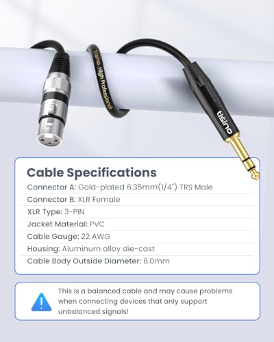 Tisino Female XLR to 1/4'' TRS Microphone Cable, 6.35mm Stereo Jack to 3-pin XLR Female Balanced Interconnect Micphone Cable - 15FT - Thumbnail 7