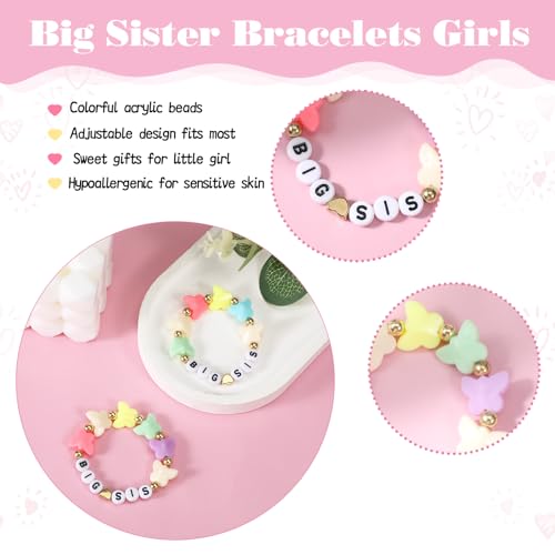 2pcs Big Sister Bracelets Butterfly Charm Colorful Rainbow Letter Beads Bangles Surfer Stretch Stackable Jewelry Accessories Gift for Big Sis Bestie Birthday3
