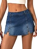 EMMMIOL Denim Mini Skirt for Women - Mid-Low Waisted Stretch Side Zipper Skort Y2k Casual Jean Skirts with Shorts Underneath, Dark Blue, M