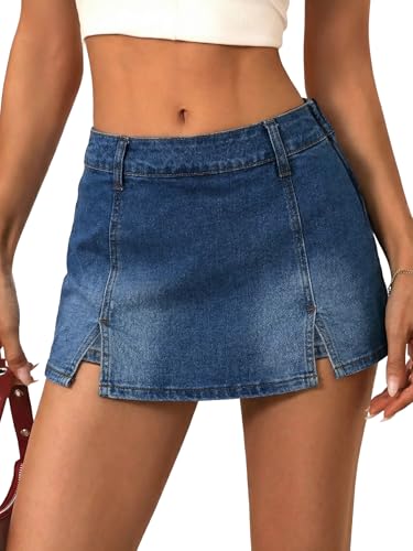 EMMMIOL Denim Mini Skirt for Women - Mid-Low Waisted Stretch Side Zipper Skort Y2k Casual Jean Skirts with Shorts Underneath, Dark Blue, M
