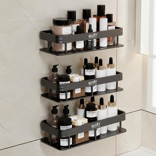 Image of GLOXY Combo Pack of 3 Black Self-Adhesive Bathroom Shelf Caddy - Bathroom Organiser Without Drill - Heavy Duty Aluminium Toiletries Storage Rack - Wall Mounted Shelf for Bathroom & Kitchen