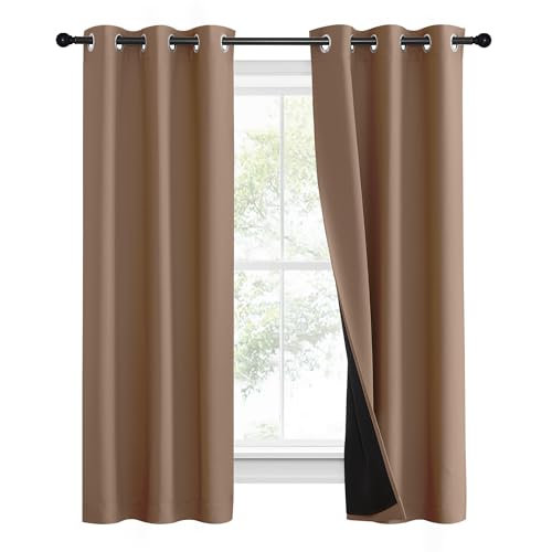 Image of NICETOWN 100% Blackout Curtains Thermal, Noise Reduction and Privacy Curtains for Patio Door, Black Lined Blackout Drapes with Grommet Top, Cappuccino, 1 Pair, W37 x L60