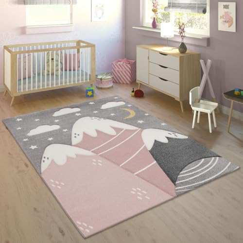 Paco Home Teppich Kinderzimmer Kinderteppich Spielteppich Junge Mädchen 3D Optik Modern Pastell Berge Wolken Sterne, Grösse:140x200 cm