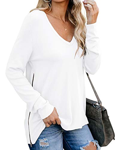 Prinstory Women's Fall Casual V Neck Long Sleeve T Shirt Split Tunic Tops With Side Zipper White-Large #TOP1