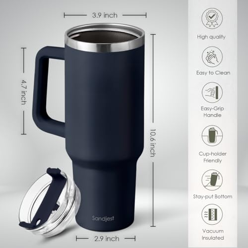 Image of SANDJEST Stainless Steel Insulated Tumbler with Handle 40oz With Lid and Straw, Coffee Travel Cup for Men Women Friends Family, Gifts for Christmas Birthday (Navy)