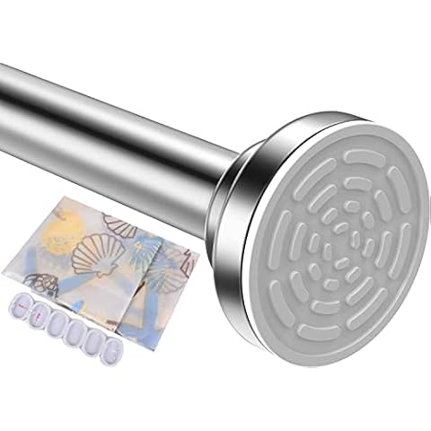 Shower Curtain Rod +Waterproof Shower Curtain Set, 50-90 CM Never Rust Non-Slip Spring Tension Curtain Rod No Drilling Stainless Steel Curtain Rod Use Bathroom Kitchen Cover