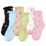 scenicamp 6 Pairs Floral Ruffle Crew Socks for Women Cute Vintage Patterned Ankle Casual Fashion Dress Sock