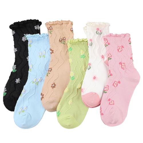 scenicamp 6 Pairs Floral Ruffle Crew Socks for Women Cute Vintage Patterned Ankle Casual Fashion Dress Sock