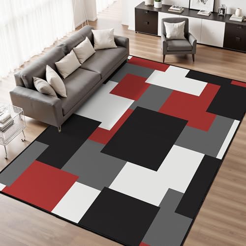 Modern Geometric 8x10 Area Rugs for Living Room Ultra Thin Linen-Look Abstract Indoor Rug Non Slip & Non-Shedding Washable Red Grey White Rug for Bedr