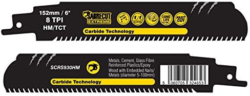 1 x SabreCut SCRS930HM Tungsten Carbide 152mm 8 TPI S930HM Very Fast Wood and Metal Cutting Reciprocating Sabre Saw Blade Compatible with Bosch Dewalt Makita and many others