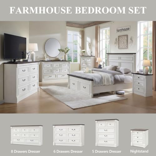 Image of Aitjunz Farmhouse 6 Drawer Dressers for Bedroom, 47'' Wide Dresser & Chests of Drawers w /Roman Columns, Horizontal Wooden TV Stand Dresser w /Metal Handle for Bedroom, Hallway, Living Room, White