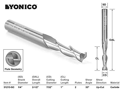 Image of YONICO Upcut Router Bits Spiral 2 Flute Solid Carbide CNC End Mill 7 /32-Inch Dia. 1 /4-Inch Shank 31213-SC