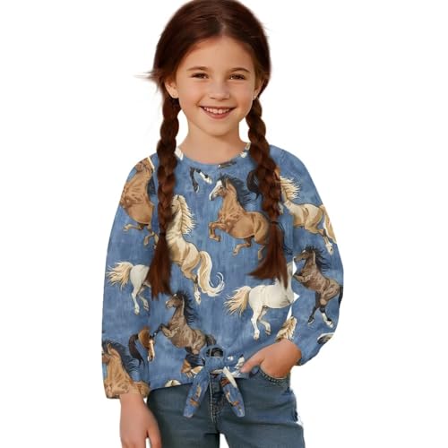 Girls Long Sleeve Shirts Tie Front Tees Fall Clothes Crewneck Pullover Blouse Everyday Tops 5-12 Years