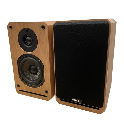 Roxel RBS 300 - Altavoz pasivo para estantería, gabinete con efecto de madera con woofer de fibra de carbono mejorado de 4 pulgadas, tweeter de cúpula de seda de 1 pulgada, sonido detallado y refinado