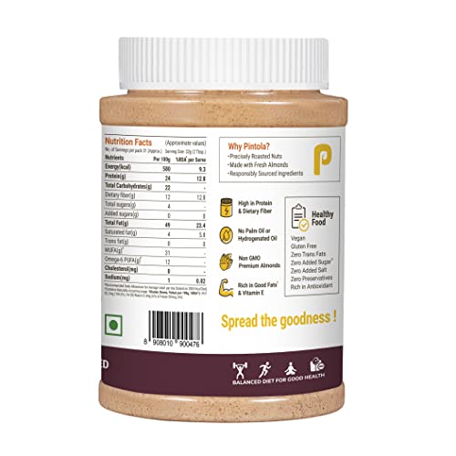 Image of Pintola Almond Butter Crunchy 1kg - All Natural Unsalted Butter, Healthy Almond Butter Unsweetened for Bread Spreads, Vegan