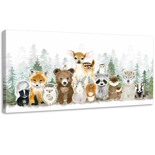 Image of Woodland Animal Nursery Wall Art Watercolor Forest Baby Animal Nursery Wall Decor Printing Framed Fox Bear Deer Watercolor Poster Paintings Pictures for Boys Room Girls Room Home Decoration 8x16in