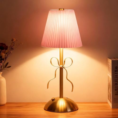 LED Tischlampe Kabellos, Dimmbare Vintage Nachttischlampe Touch, 3 Farbmodi, Retro Tischlampe Akku USB Aufladbar, Gold Metall LED Tischleuchte Kabellos, Batteriebetrieben für Innen Outdoor Bar (Rosa)
