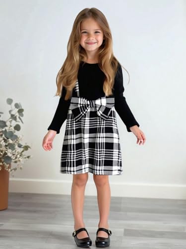 WDIRARA Toddler Girl's Plaid Bow Front Ribbed Knit Round Neck Long Sleeve A Line Dress4
