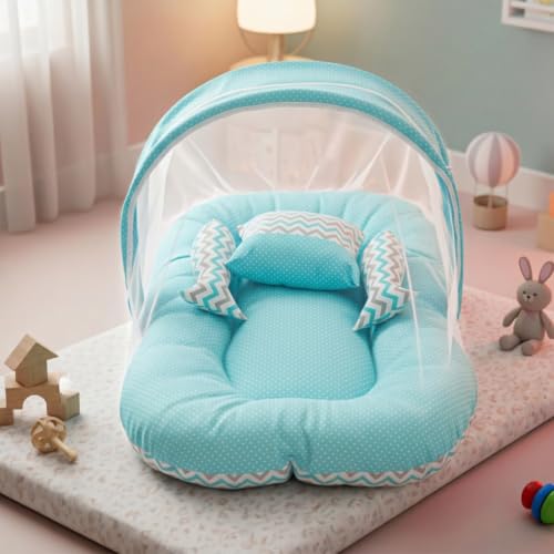 Image of BAYBEE Baby Bedding Set for New Born Baby, Bed Mattress with Mosquito Net & Neck Pillow, Sleeping Nest Travel, Infant Toddler Bed Set Gifts for Baby Boy Girl 0-6 Months (Blue)