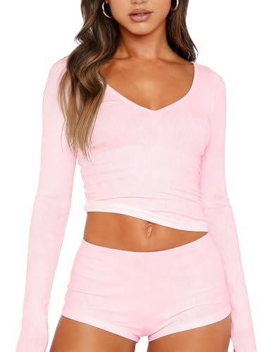Image of Dressmine Sexy Pajamas Set for Women Spring Pj Lounge Sets 2 Piece Cute Sleepwear Long Sleeve V Neck Y2K Tops Shorts