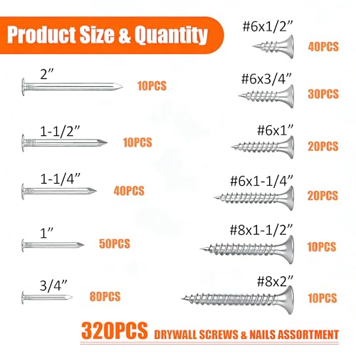 Image of Dianrui Nails & Wood Screws Assortment Kit, 320 PCS #6#8 Philips Drywall Screws Set and High Hardness Hardware Small Nails for Picture Hanging /DIY Repair Project Length 1 /2 inch to 2 inch